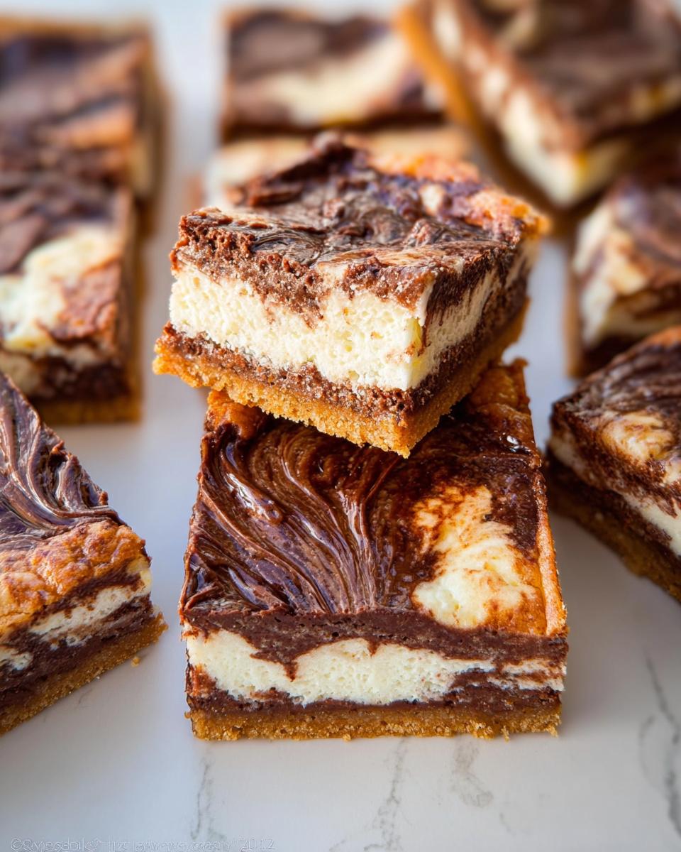 Two Nutella Swirl Cheesecake Bars stacked, showing graham cracker crust, creamy filling, and chocolate swirl topping.