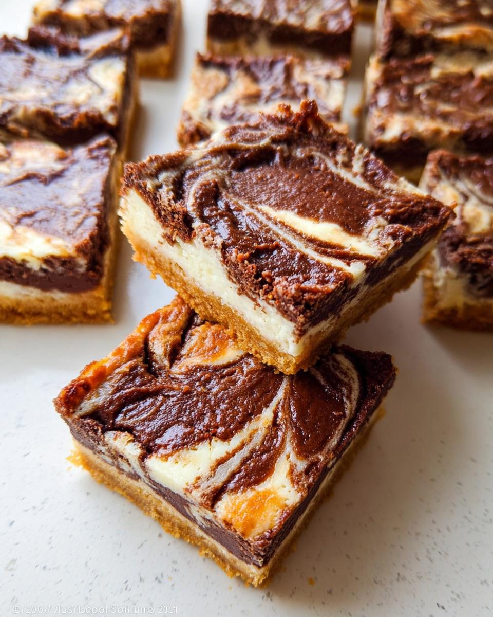 Two Nutella Swirl Cheesecake Bars stacked, showing the graham cracker crust and marbled chocolate and cream cheese topping.