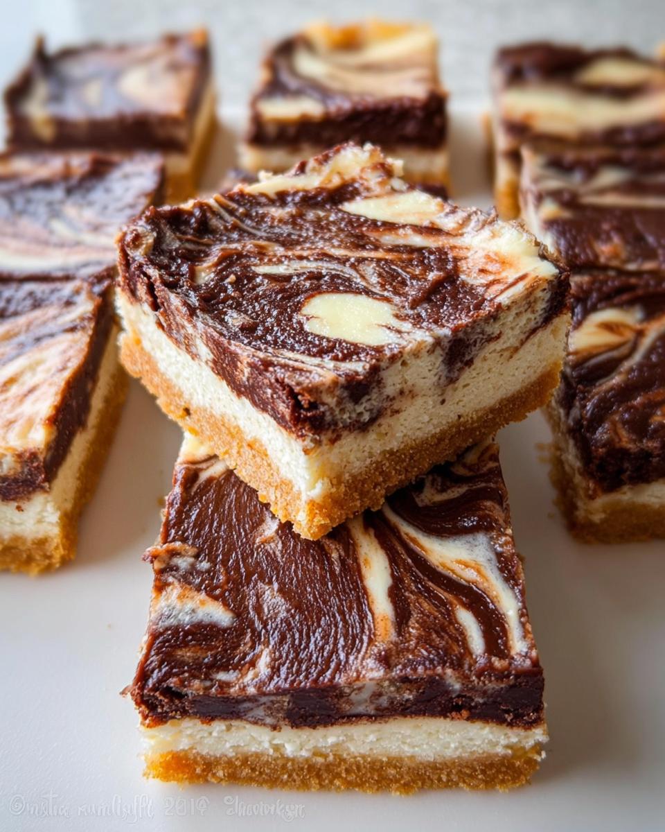 Two stacked Nutella Swirl Cheesecake Bars showing the graham cracker crust, creamy filling, and chocolate swirl topping.