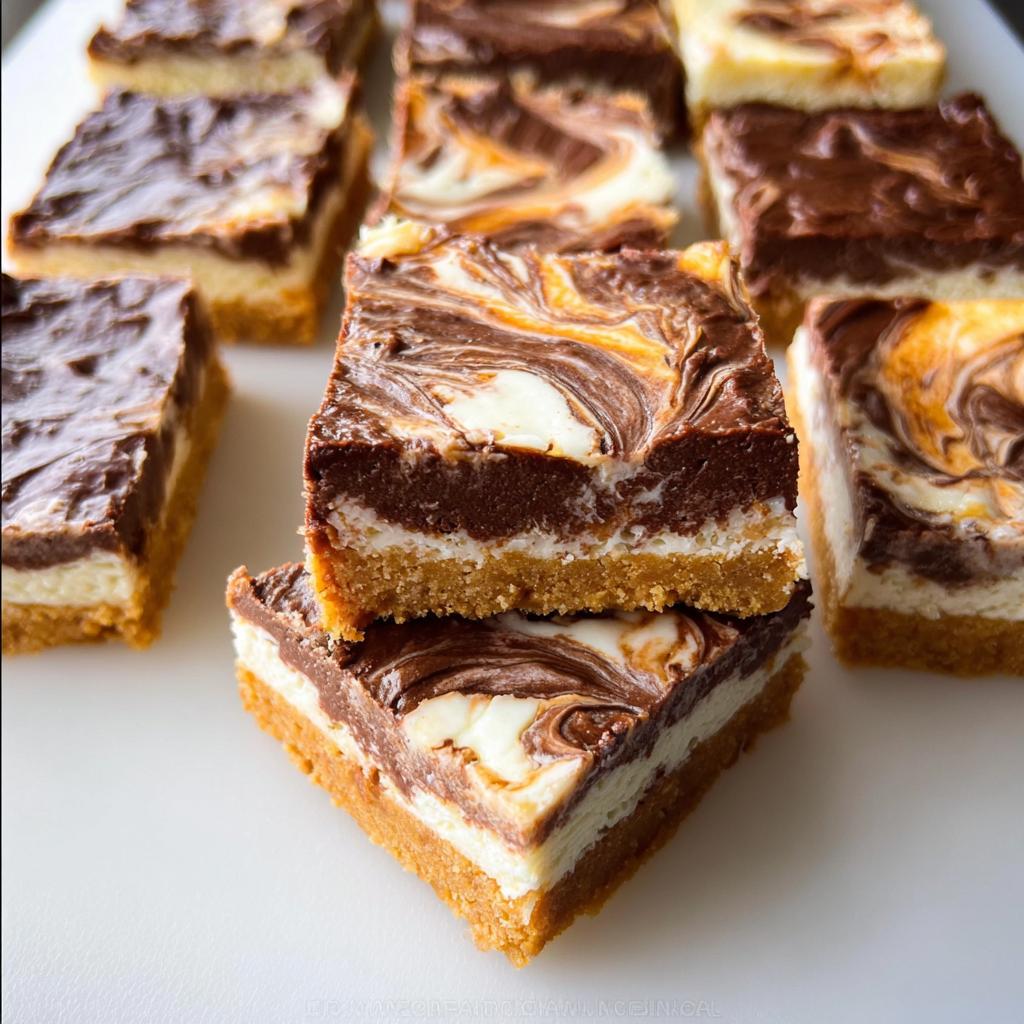 Two stacked Nutella Swirl Cheesecake Bars showing graham cracker crust, white cheesecake layer, and chocolate swirl topping.