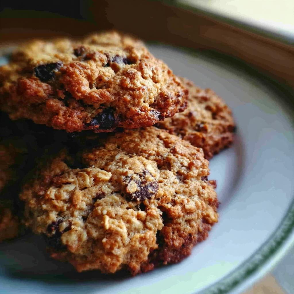Close-up of several chewy Oatmeal Chocolate Chip Coconut Cookies stacked on a white plate.