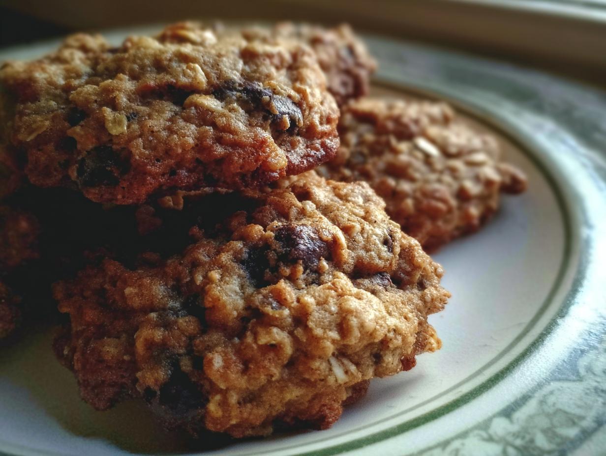 A close-up stack of freshly baked Oatmeal Chocolate Chip Coconut Cookies on a decorative plate.