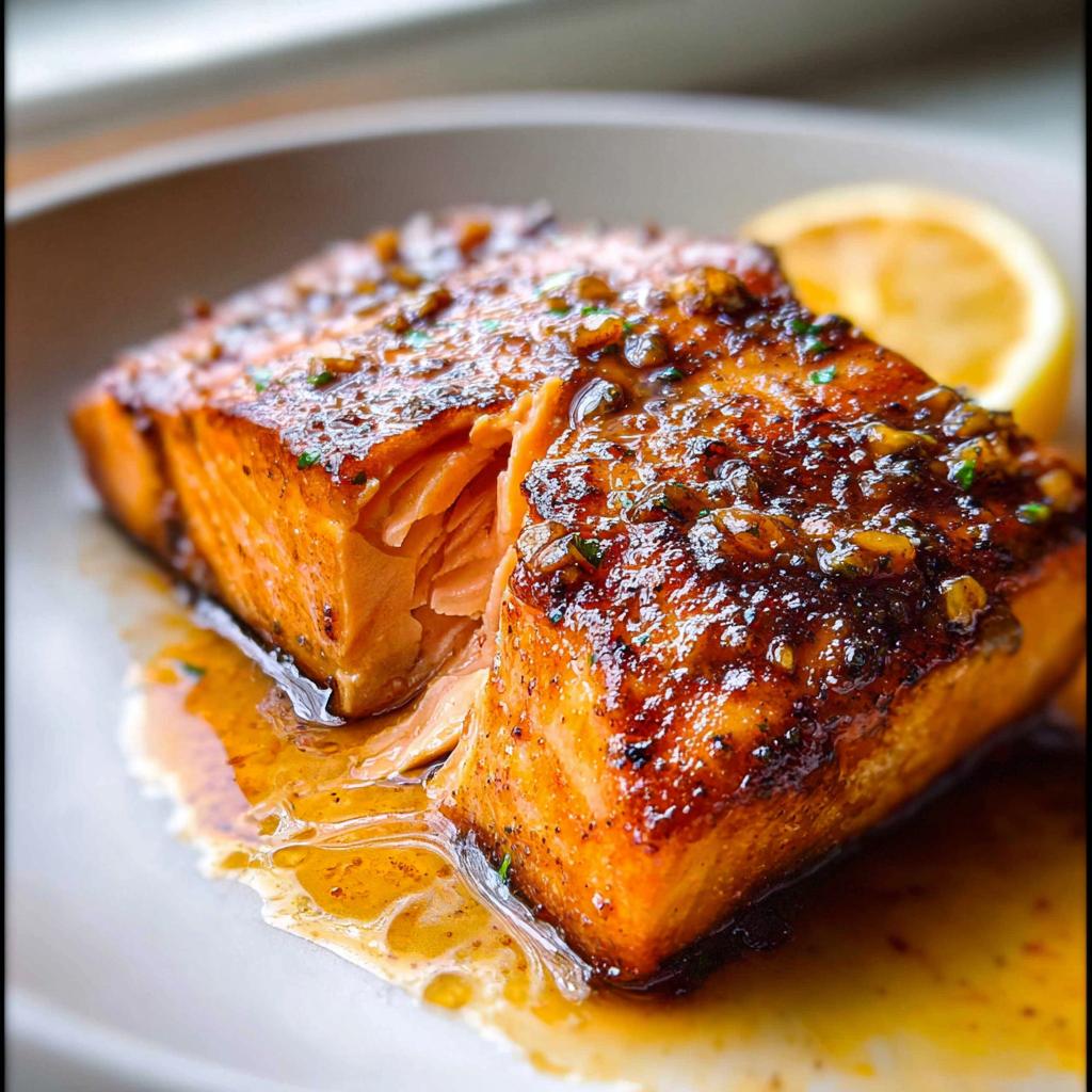 Close-up of a perfectly cooked One Pan Honey Garlic Salmon fillet, glistening with glaze and resting in sauce.
