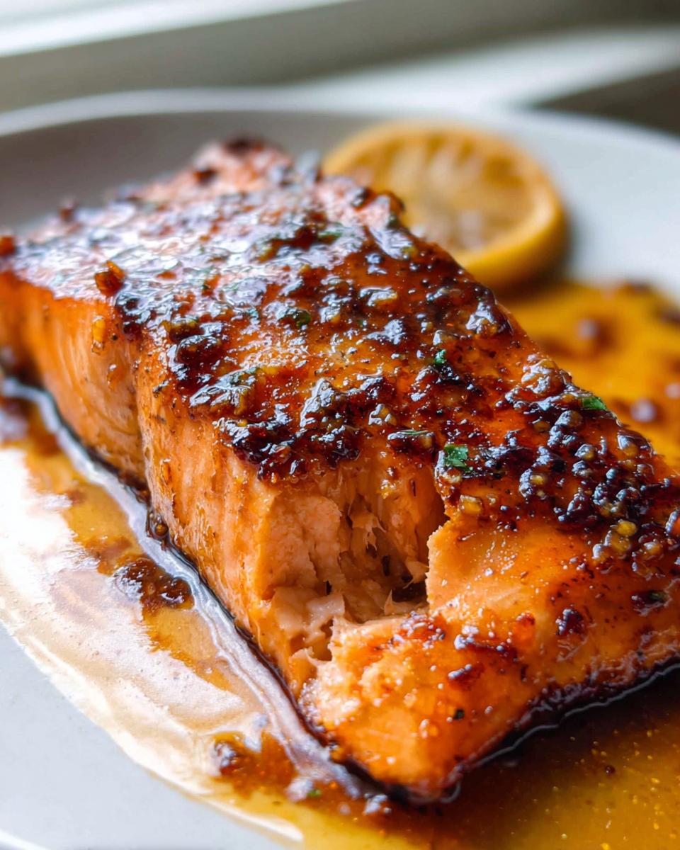Close-up of a perfectly cooked fillet of One Pan Honey Garlic Salmon, glistening with a dark glaze and resting in sauce.
