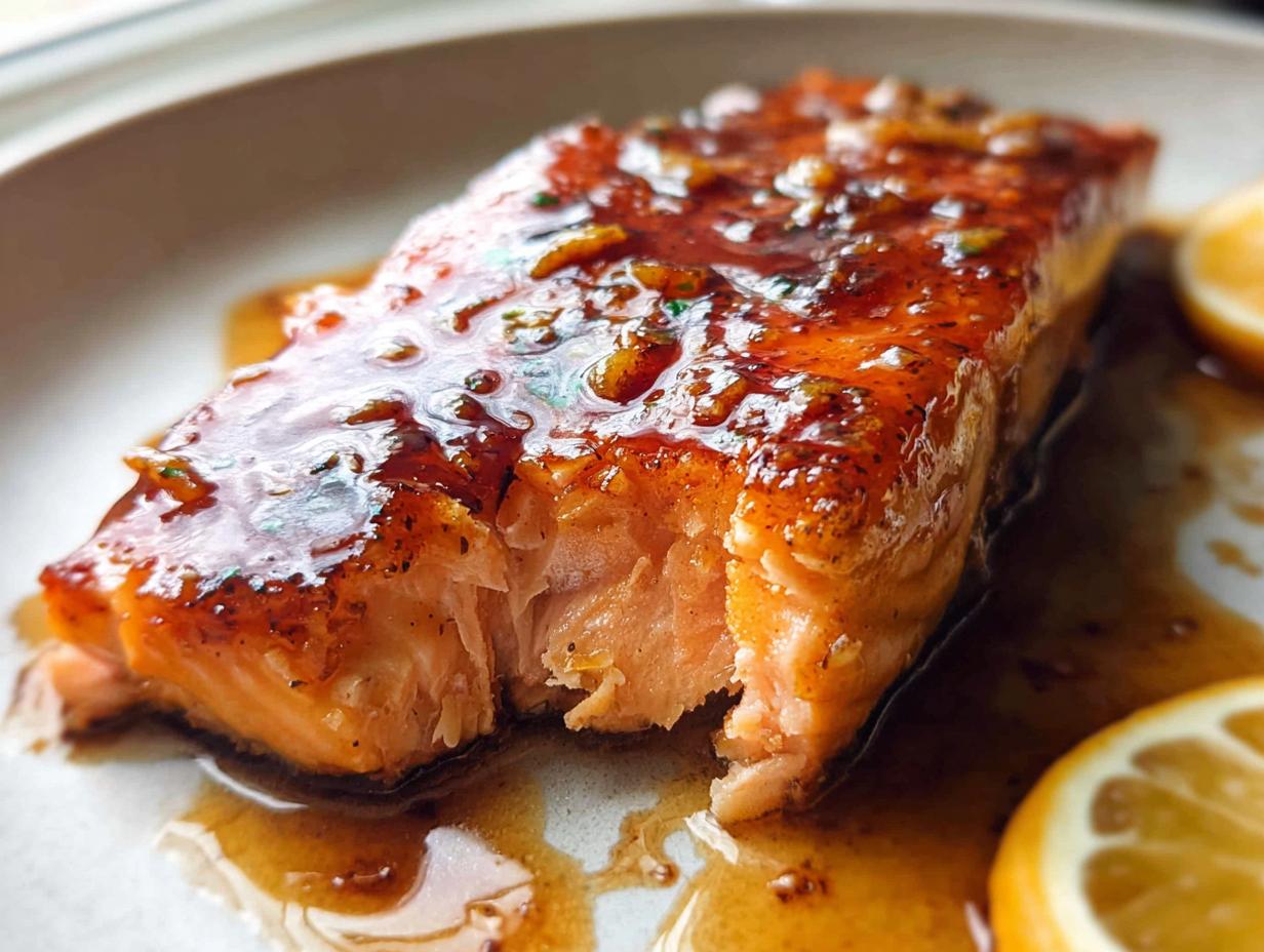 A close-up of a perfectly cooked fillet of One Pan Honey Garlic Salmon covered in a thick, shiny glaze.