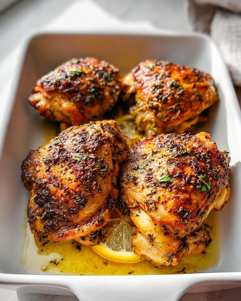 Four perfectly cooked One-Pan Lemon Herb Chicken Thighs with crispy skin resting in lemon butter sauce.