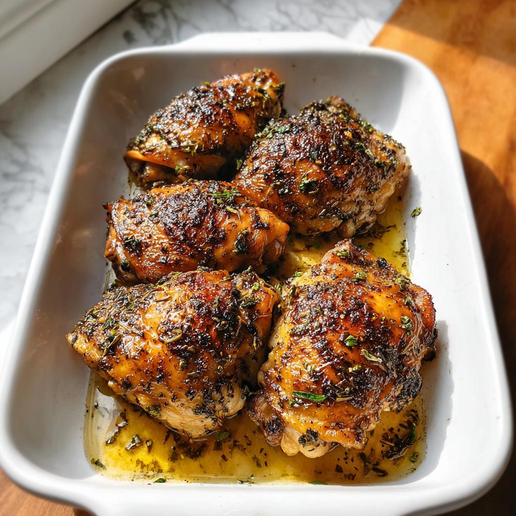 Five perfectly baked One-Pan Lemon Herb Chicken Thighs with crispy, herbed skin resting in pan juices.