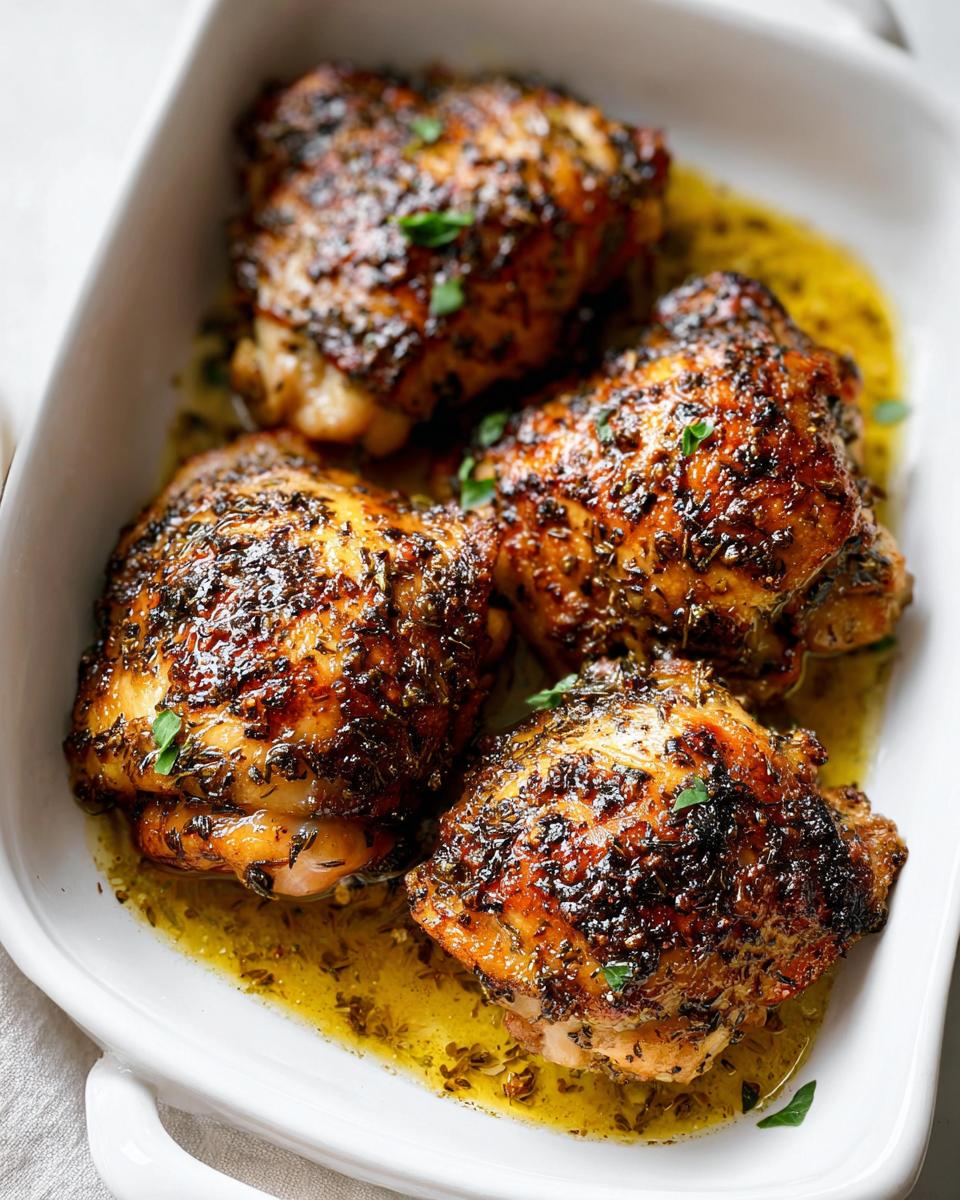 Four crispy, golden-brown One-Pan Lemon Herb Chicken Thighs resting in savory pan juices.