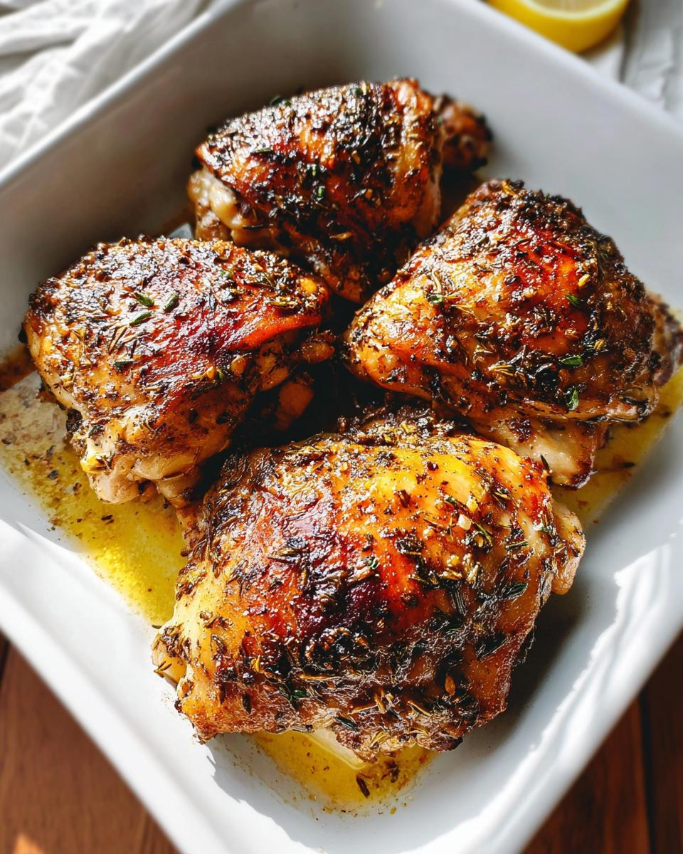 Four perfectly roasted One-Pan Lemon Herb Chicken Thighs with crispy, herb-crusted skin sitting in pan juices.