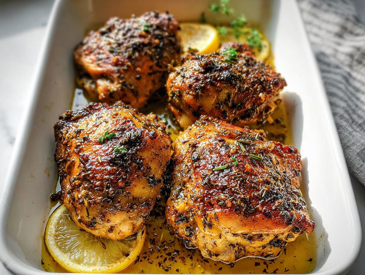 Four perfectly roasted One-Pan Lemon Herb Chicken Thighs in a white baking dish with lemon slices.