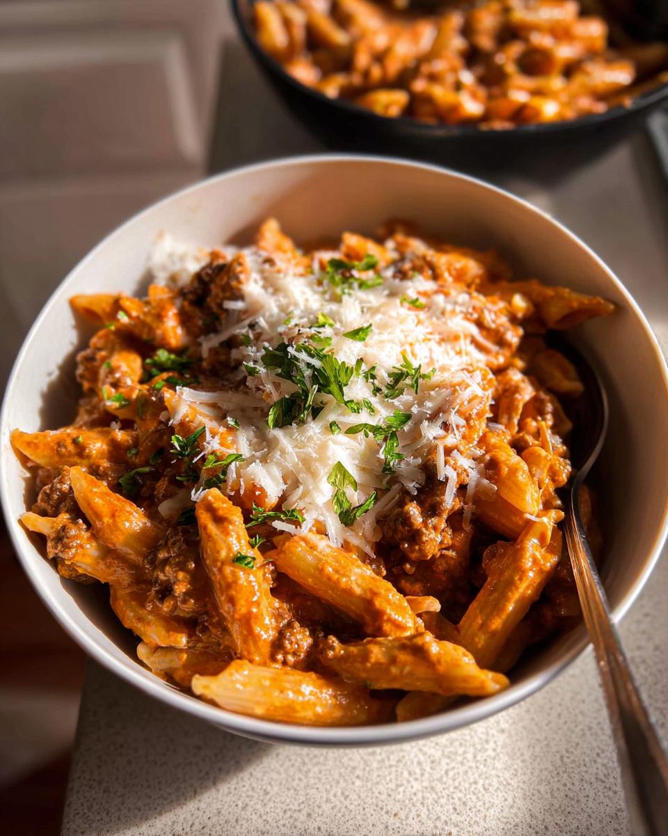 Close-up of a bowl of One Pot Creamy Tomato Pasta topped with grated Parmesan cheese and fresh parsley.