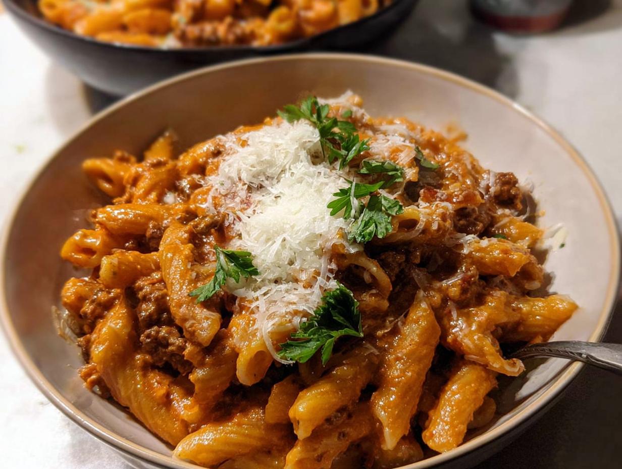 Close-up of a bowl of One Pot Creamy Tomato Pasta topped with grated Parmesan and fresh parsley.
