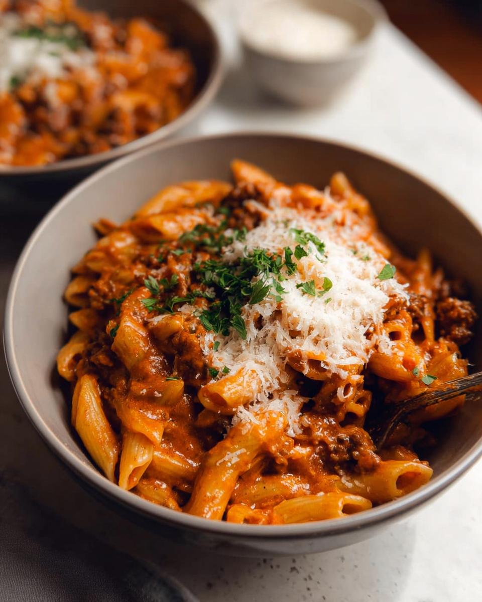 Close-up of a bowl of One Pot Creamy Tomato Pasta topped with grated Parmesan cheese and fresh parsley.