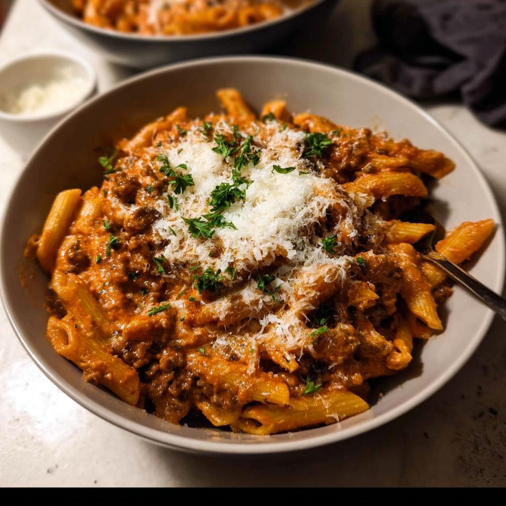 A close-up of a bowl filled with One Pot Creamy Tomato Pasta, topped generously with grated Parmesan cheese and fresh parsley.