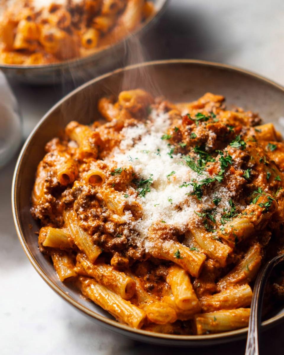 Close-up of a steaming bowl of One Pot Creamy Tomato Pasta topped with grated Parmesan and fresh parsley.