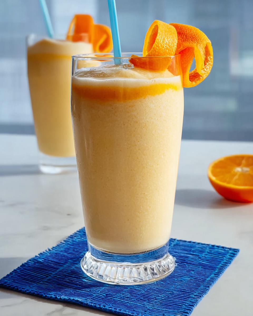 Close-up of a thick, creamy orange Smoothie Recipe Lose belly fat without exercising, garnished with an orange peel.