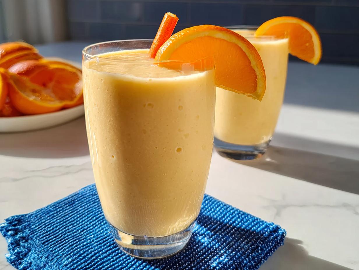 Two glasses of thick, creamy orange-colored Smoothie Recipe Lose belly fat without exercising, garnished with fresh orange slices.