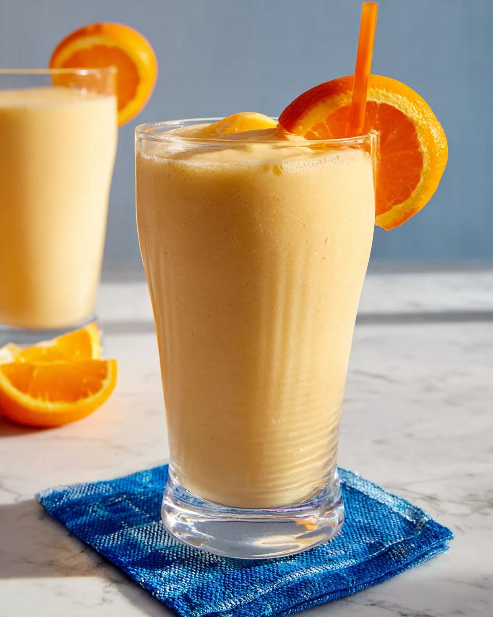 A tall glass filled with a thick, creamy orange-colored Smoothie Recipe Lose belly fat without exercising, garnished with an orange slice.