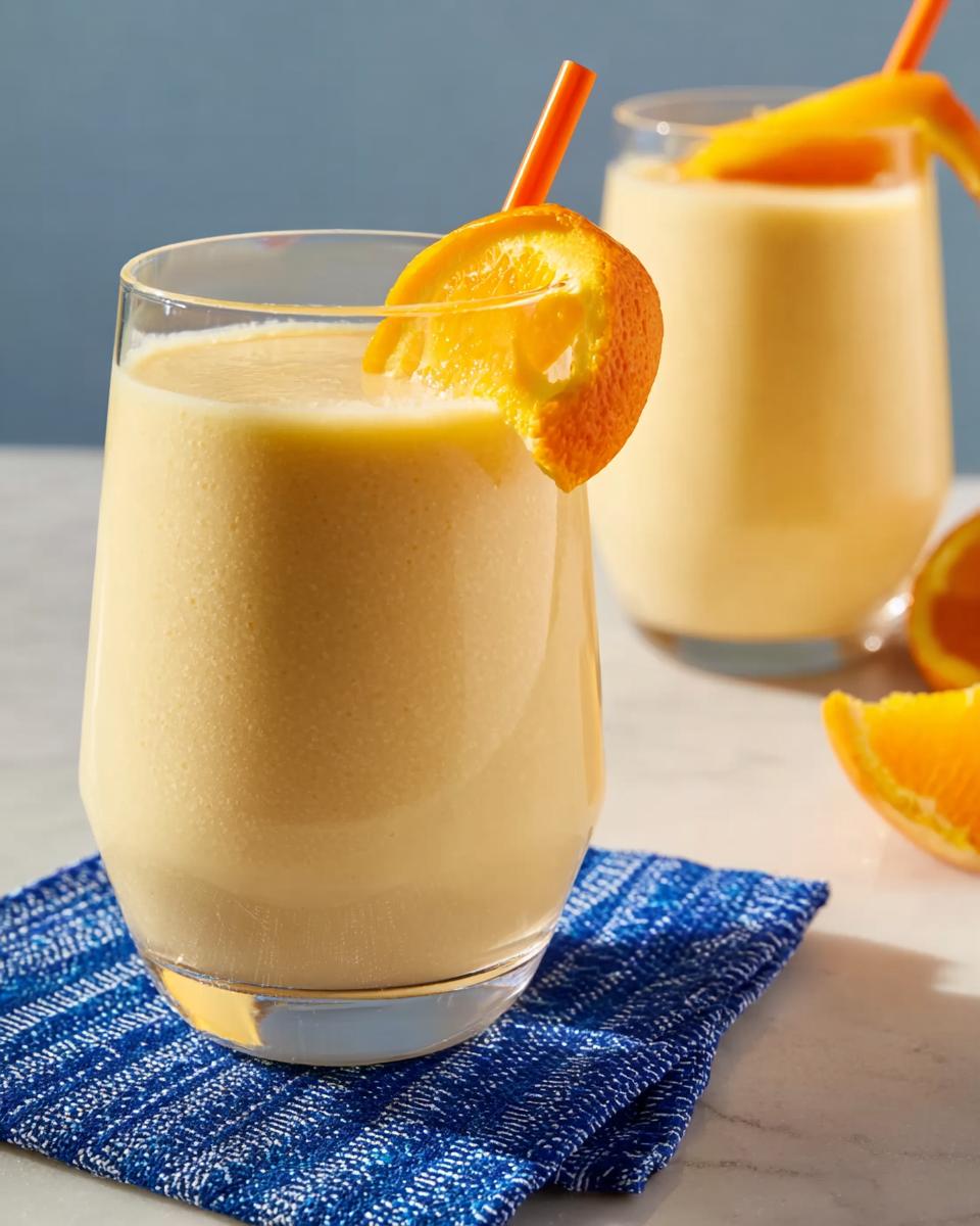 Close-up of a creamy orange smoothie in a glass, garnished with an orange slice and a straw.