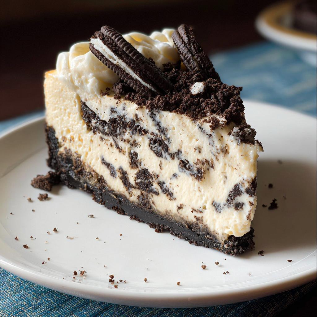 A decadent slice of Oreo Cookies and Cream Cheesecake with a dark crust and whipped topping.