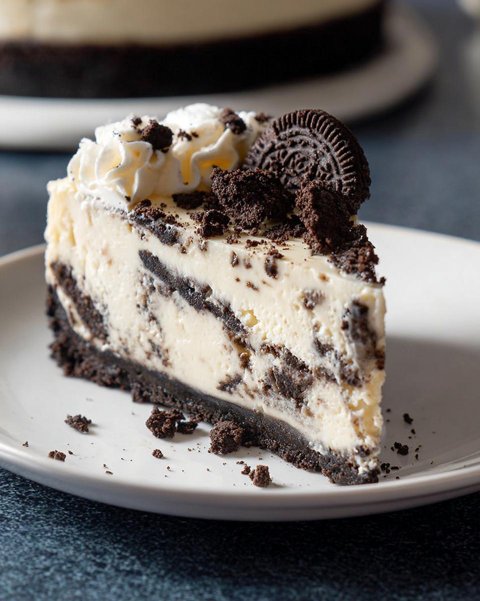 A decadent slice of Oreo Cookies and Cream Cheesecake topped with whipped cream and cookie crumbles.