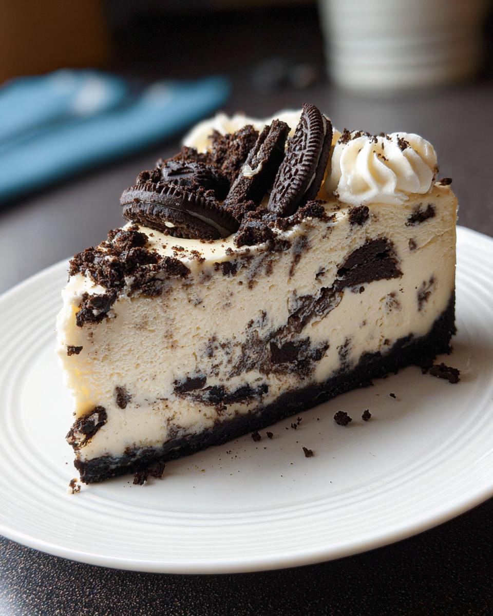 A perfect slice of Oreo Cookies and Cream Cheesecake with a dark crust and creamy filling.