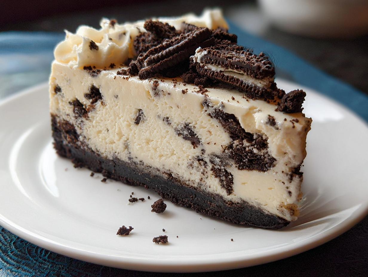 A rich slice of Oreo Cookies and Cream Cheesecake with a dark crust and cookie pieces throughout.