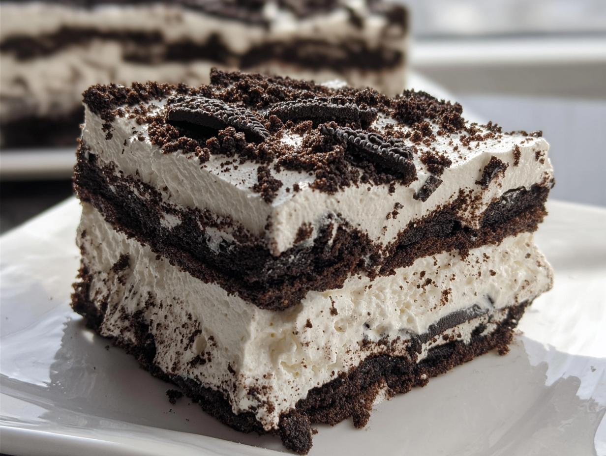 A rich slice of Oreo Cookies and Cream Icebox Cake showing layers of whipped cream and chocolate cookies.