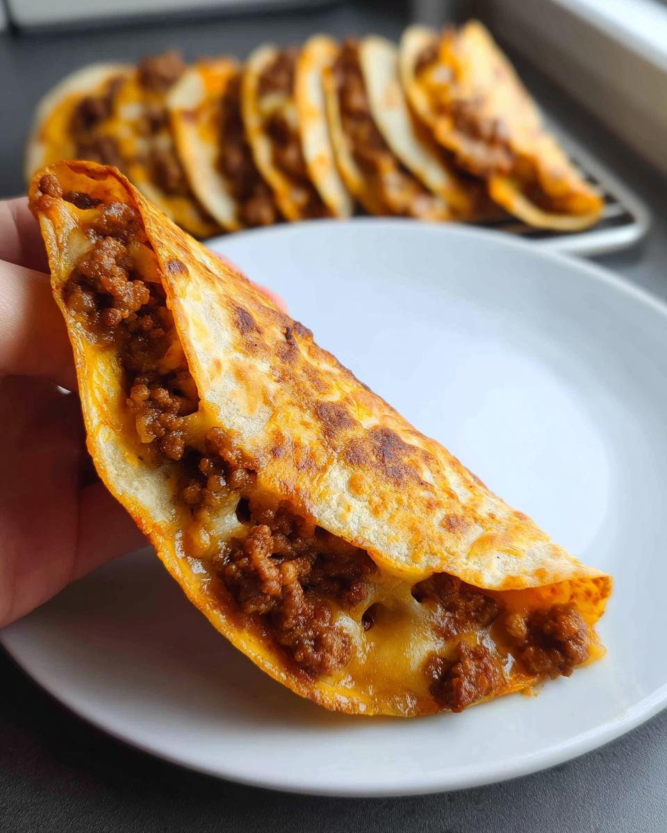 A hand holding one of the Oven-Baked Cheesy Tacos, showing melted cheese and seasoned ground beef filling.