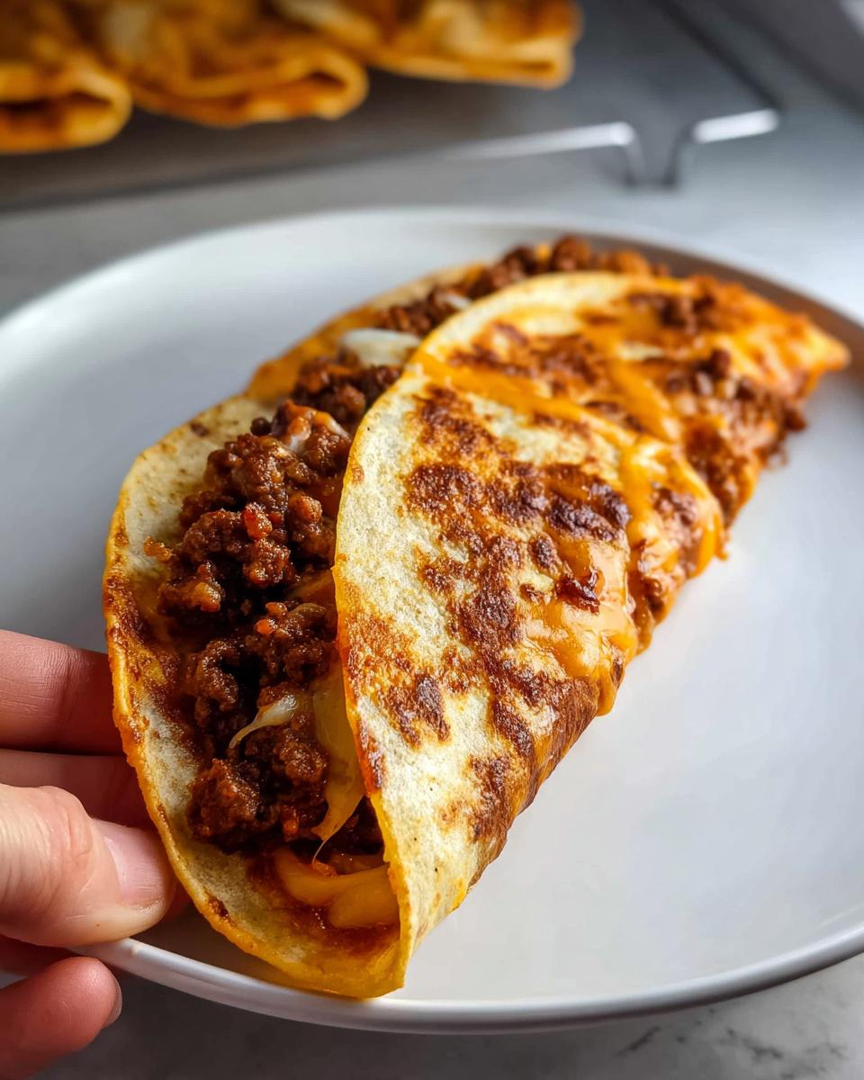 A hand holds up one of the crispy Oven-Baked Cheesy Tacos loaded with seasoned ground beef and melted cheddar cheese.
