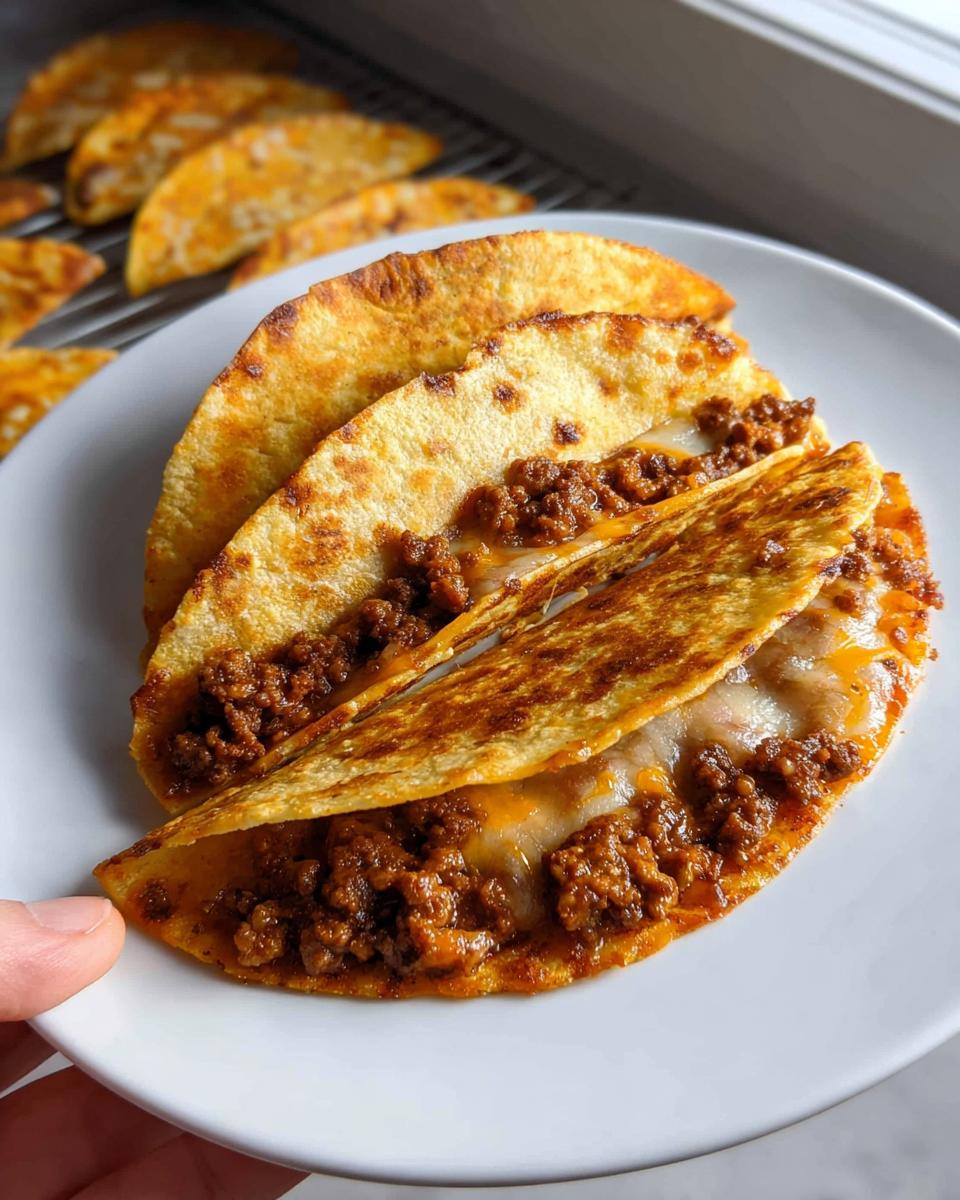 Three crispy Oven-Baked Cheesy Tacos filled with seasoned ground beef and melted cheese, held on a white plate.