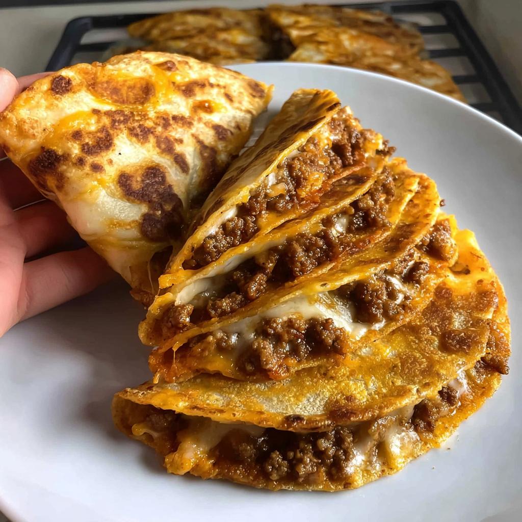 Close-up of crispy Oven-Baked Cheesy Tacos loaded with seasoned ground beef and melted white cheese.