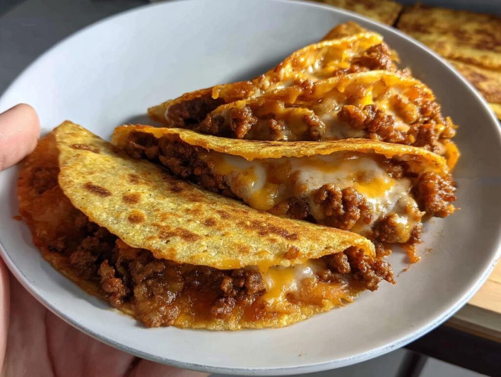 Three crispy Oven-Baked Cheesy Tacos filled with seasoned ground meat and melted cheese, held on a white plate.