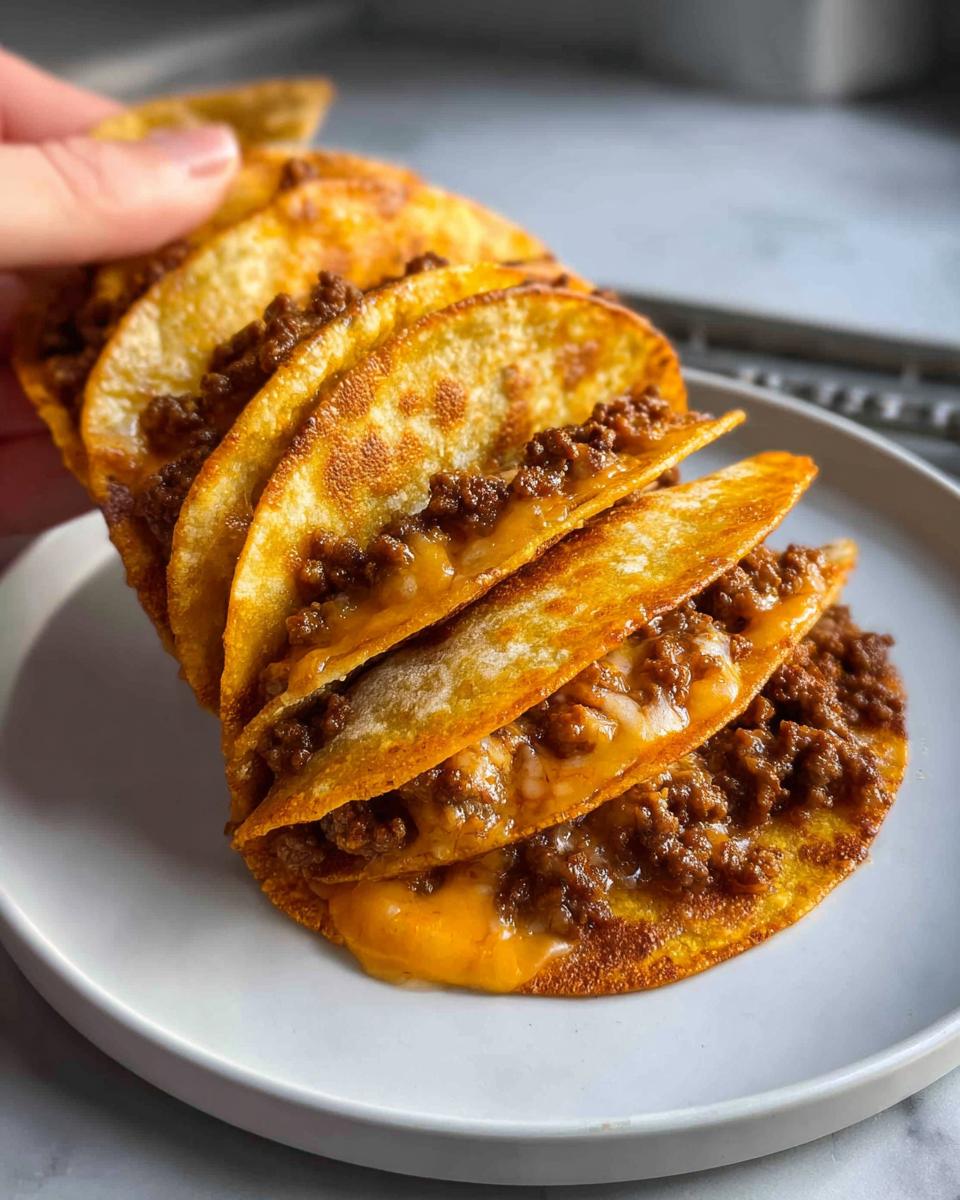 A hand holding up a stack of crispy Oven-Baked Cheesy Tacos filled with seasoned ground beef and melted cheese.