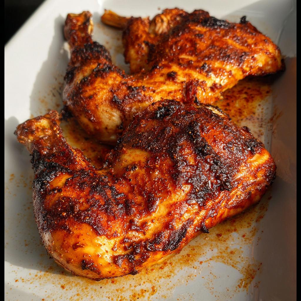 Two perfectly cooked Paprika Garlic Baked Chicken Quarters with crispy, dark-red seasoned skin on a white platter.