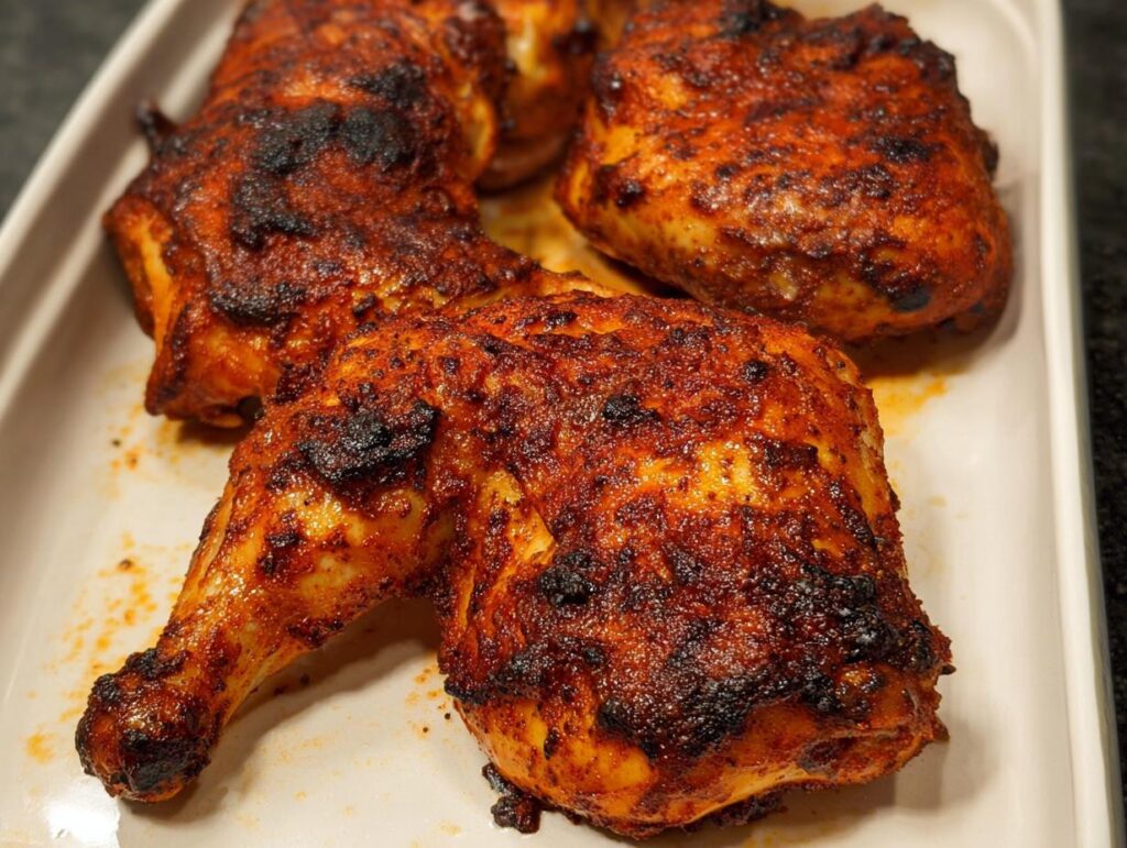 Close-up of juicy Paprika Garlic Baked Chicken Quarters with crispy, charred skin in a white baking dish.