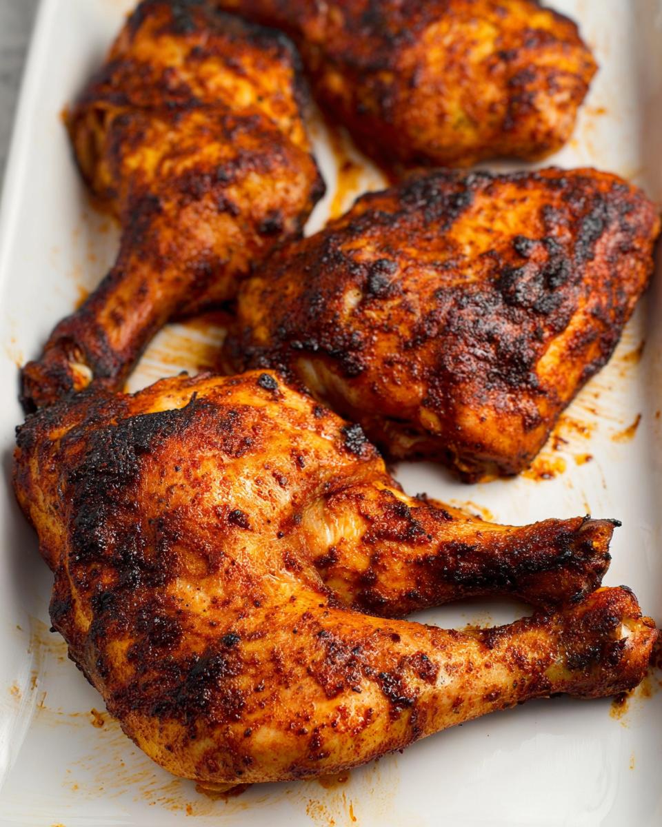 Four perfectly baked Paprika Garlic Chicken Quarters with crispy, dark red skin resting in a white baking dish.