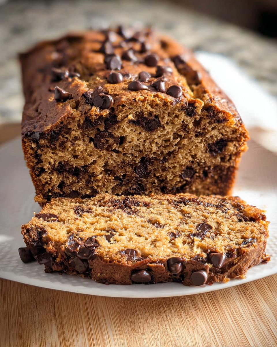 A moist slice of Peanut Butter Banana Bread loaded with melted chocolate chips, next to the loaf.