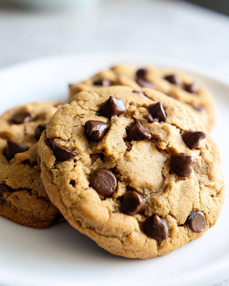 Three freshly baked Peanut Butter Chocolate Chip Cookies piled on a white plate, featuring melted chocolate chips.