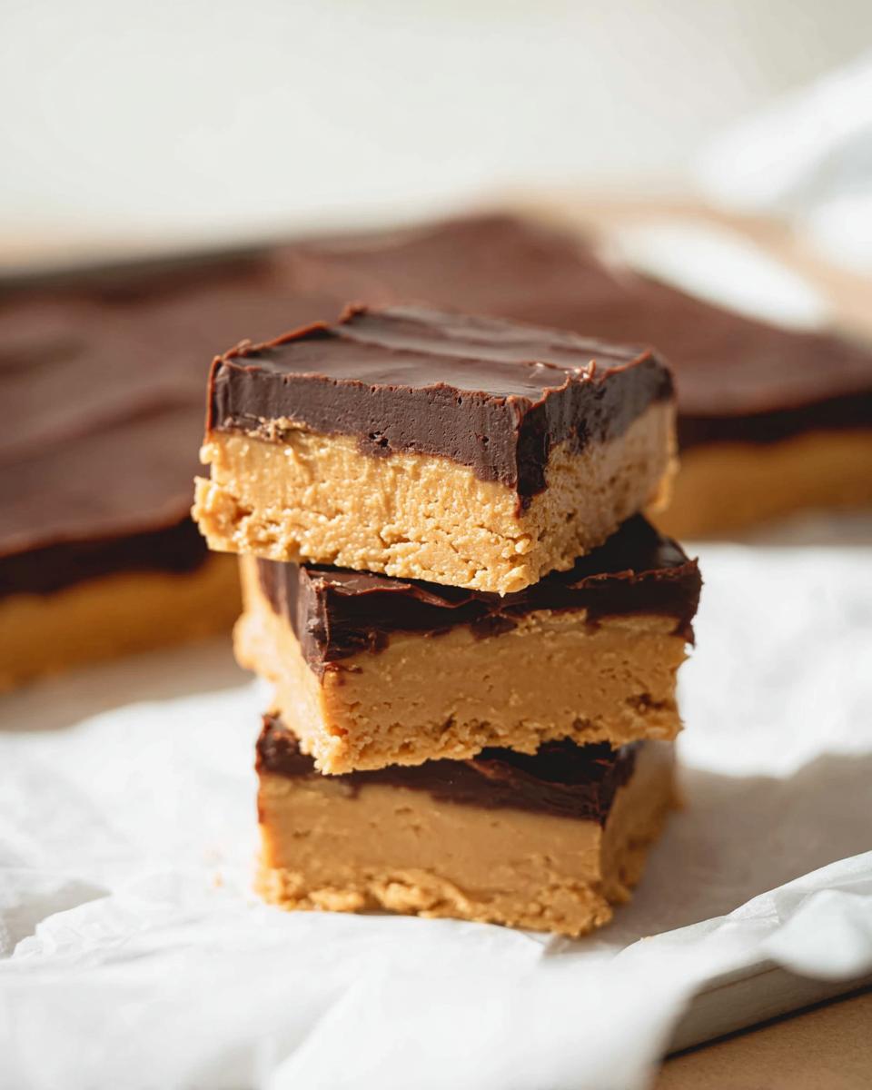 A stack of three rich Peanut Butter Chocolate Fudge Squares with thick peanut butter base and chocolate topping.