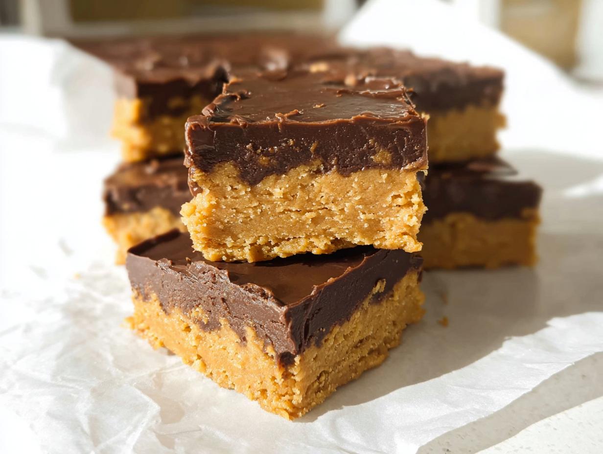 Two stacked squares of rich Peanut Butter Chocolate Fudge Squares showing a thick peanut butter base and glossy chocolate topping.