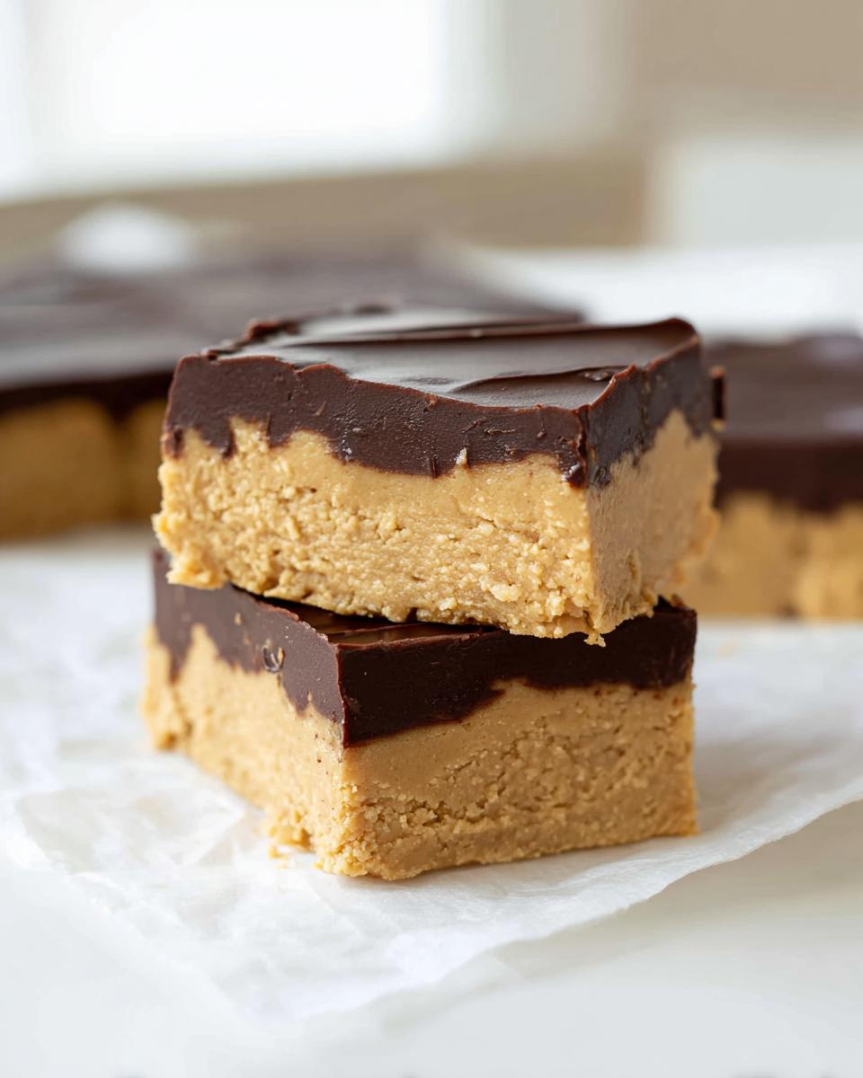 Two stacked Peanut Butter Chocolate Fudge Squares featuring a thick peanut butter base and a rich chocolate topping.
