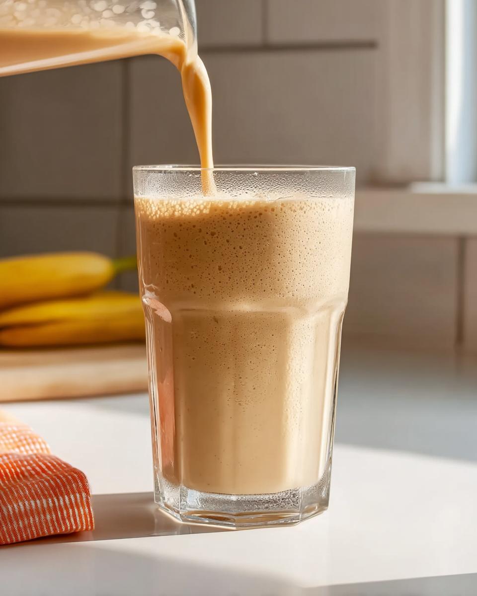 Pouring a thick, creamy banana smoothie from a pitcher into a tall glass, with whole bananas visible in the background.