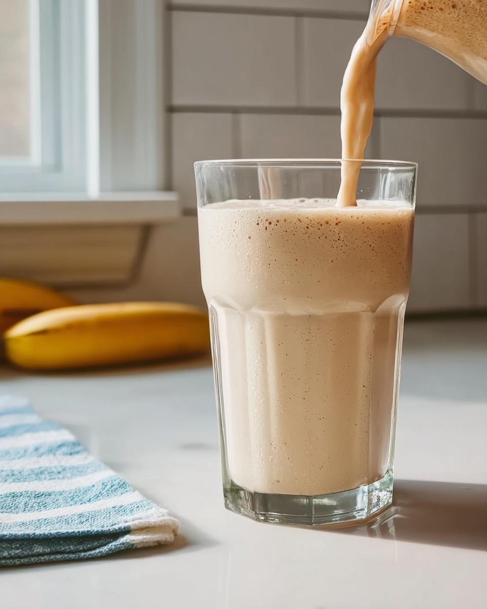 A thick, creamy banana smoothie being poured from a blender pitcher into a tall glass on a white countertop.