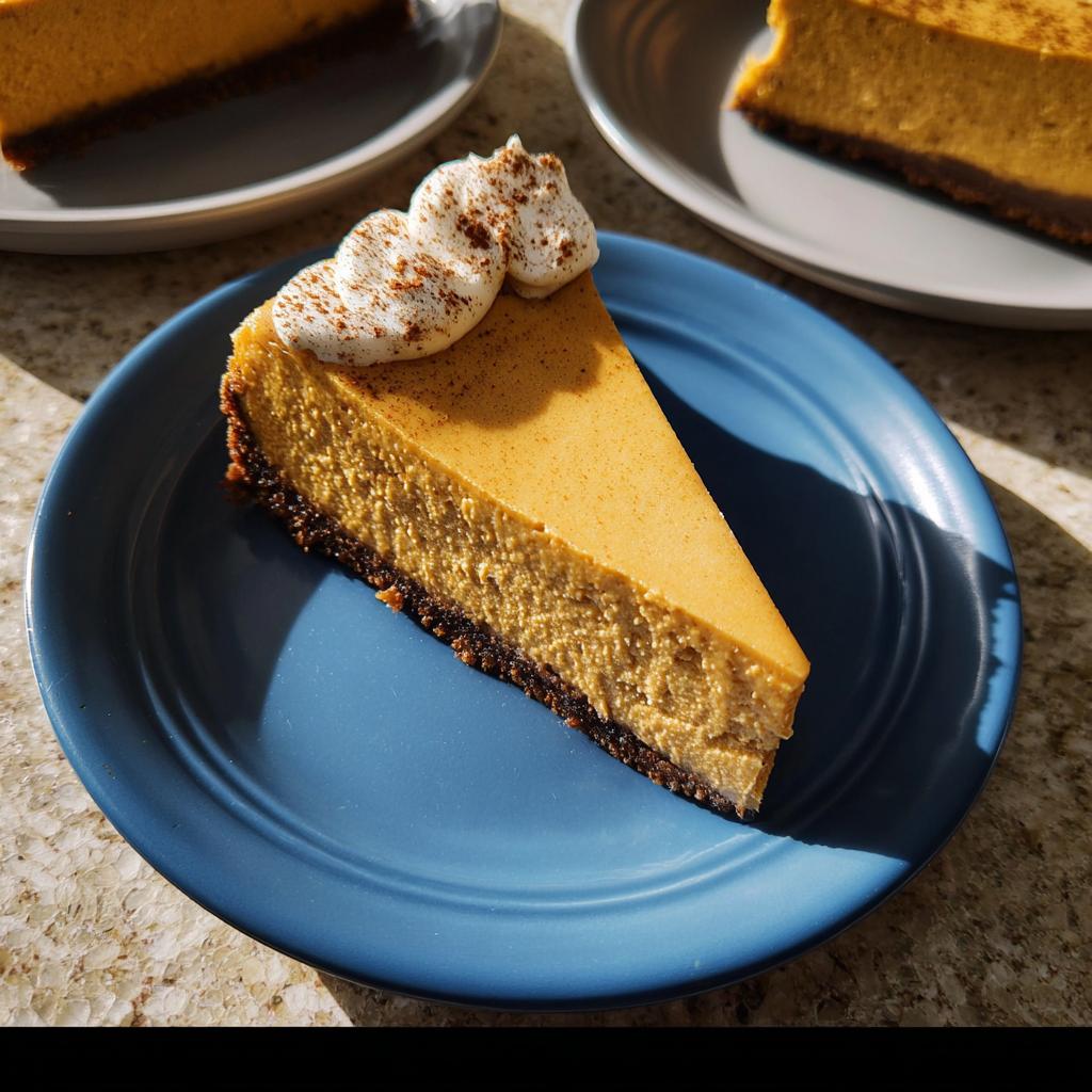 A perfect slice of Pumpkin Spice Cheesecake with Gingersnap Crust topped with whipped cream and cinnamon.