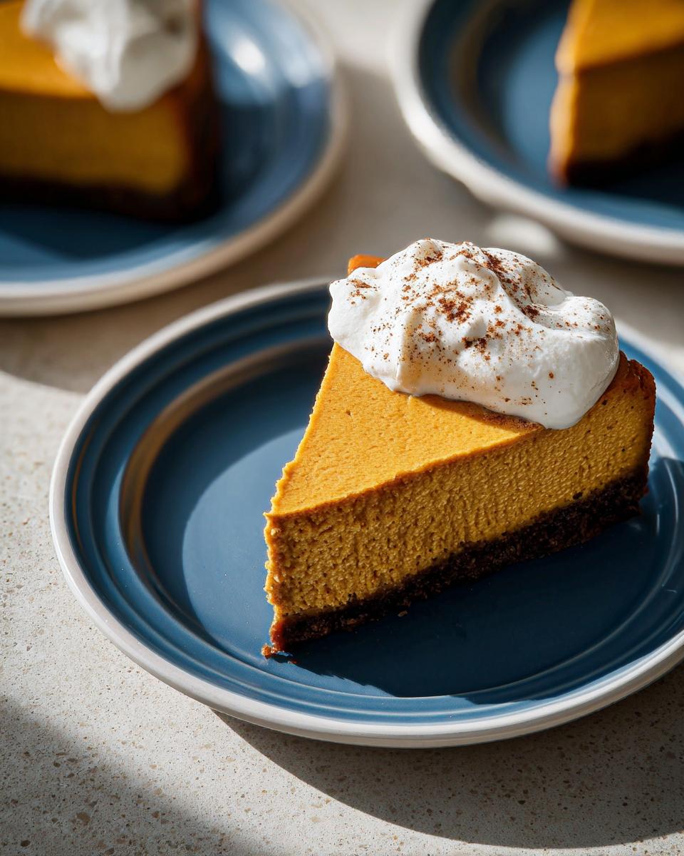 A perfect slice of Pumpkin Spice Cheesecake with Gingersnap Crust topped with whipped cream and cinnamon.