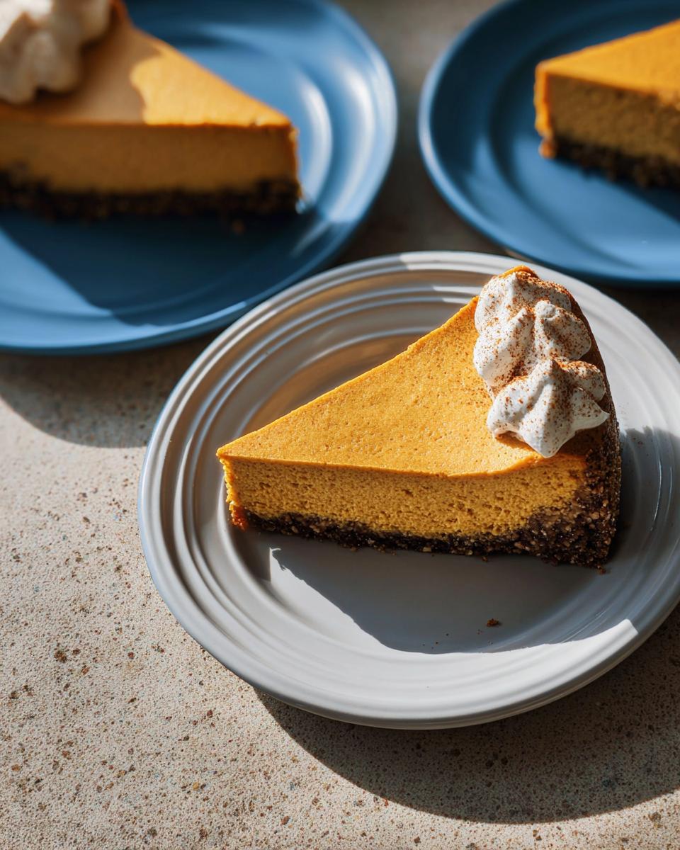 A close-up of a slice of Pumpkin Spice Cheesecake with Gingersnap Crust topped with whipped cream.