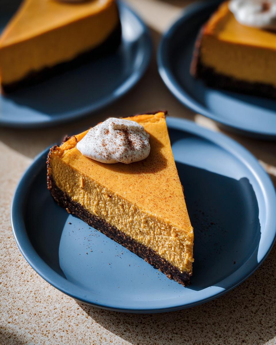 A single slice of rich, orange Pumpkin Spice Cheesecake with a dark gingersnap crust, topped with whipped cream.