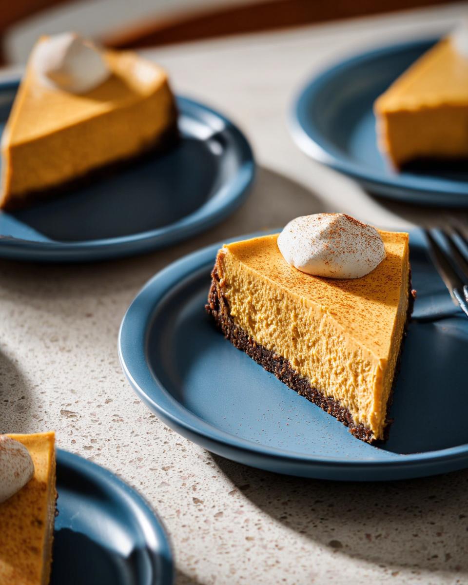 A close-up of a slice of Pumpkin Spice Cheesecake with Gingersnap Crust topped with whipped cream on a blue plate.