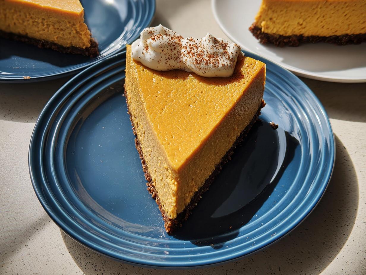 A slice of rich, orange Pumpkin Spice Cheesecake with Gingersnap Crust topped with whipped cream.
